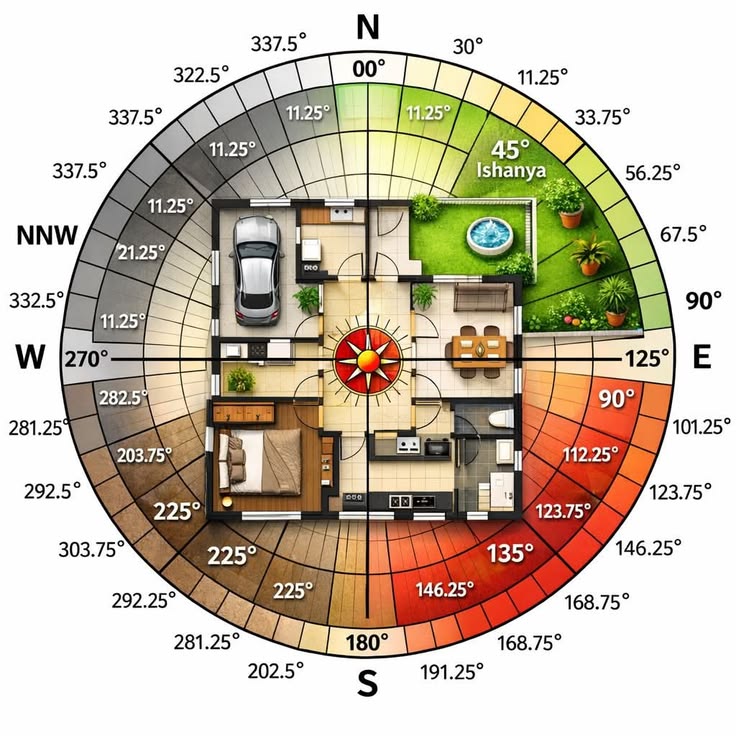 Vastu Shastra compass aligned over an interior floor plan